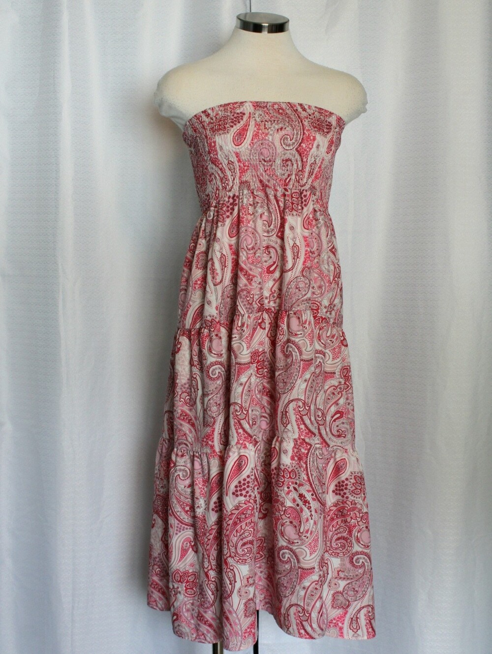 SHEIN Pink White Paisley Strapless Tiered Sundress S